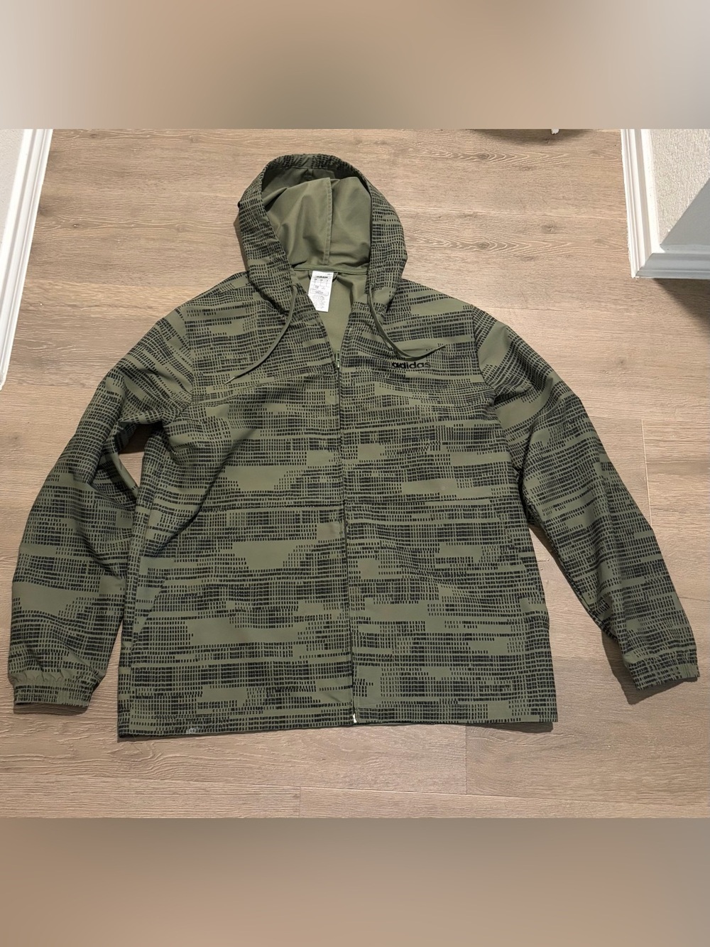 adidas Olive Green Hooded Windbreaker with Digital Camo Print